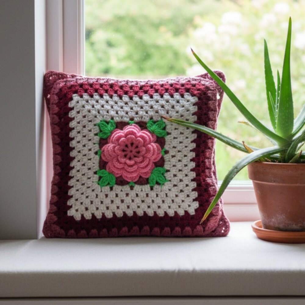 16x16 Crochet Pink Flower Rose Pillow Case Handmade Vintage Style